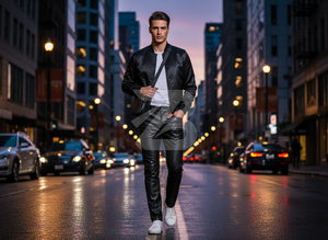 Pantalon slim noir en cuir PU et toile pour homme, 5 poches, cordon de serrage, fermeture éclair, écologique, imperméable, style streetwear, pantalon de motard - Product Image 5