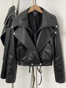 Veste courte vintage ample en similicuir PU pour femme avec ceinture, style motard, fermeture éclair, rétro, manteau de motard, vêtement d'extérieur - Product Image 6