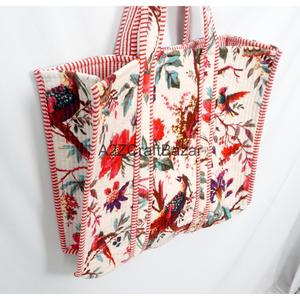 Indian Handmade Floral <b>Printed</b> Velvet Quilted Tote Bag for Women <b>Large</b> Beach & Exhibition Use - Product Image 3