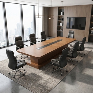 Grande table de conférence exécutive moderne en forme de bateau, table de salle de réunion en bois avec canal de gestion des câbles, bureau commercial - Product Image 4