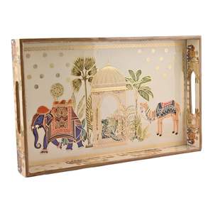 Bandeja de Servir de Madera con Grabado Dorado |   Juego de 1 recipiente rectangular grande, impermeable, con revestimiento de esmalte, color camel real - Product Image 1