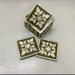 Posavasos Cuadrados de Nogal con Incrustaciones de Hueso Premium, Decorativos con Patrón Verde y Blanco, para el Hogar y la Oficina - Product Image 3