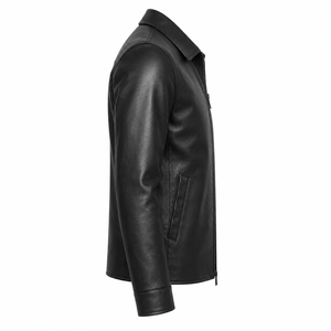 Veste en cuir noir pour homme avec col chemise classique, fermeture éclair intégrale sur le devant, poche poitrine, poches latérales et coupe slim moderne - Product Image 4