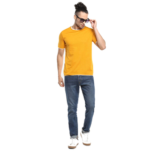 T-shirt d'été pour homme, coupe classique, couleur jaune, bordure blanche, 100% coton, style streetwear. - Product Image 5
