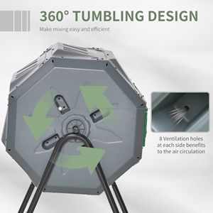 Light Gray 43-Gallon Dual Chamber Rotating Composter Outdoor 360 Degrees Tumbling Compost Bin <b>Organic</b> <b>Fertilizer</b> <b>Equipment</b> - Product Image 4