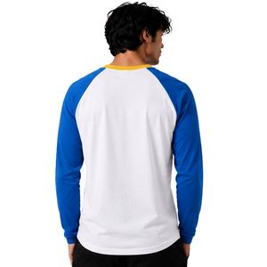 <b>White</b> And Royal Blue Raglan Long Sleeve T Shirt Men Premium Cotton Crew Neck Casual Graphic Baseball Tee Yellow Trim Custom OEM - Product Image 2