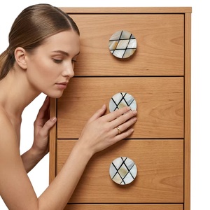 Modern Round Wood Cabinet <b>Knob</b> with MOP Inlay Geometric Design <b>for</b> Kitchen Bedroom <b>Dresser</b> Hospital & Hotel Furniture Handles - Product Image 2