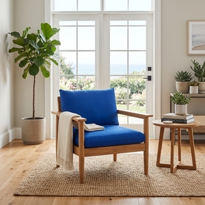 Sillón de Madera de Teca Sólida con Cojín Azul Rey, Hecho a Mano, para Sala de Estar, Silla Individual Moderna para Patio o Terraza - Product Image 2