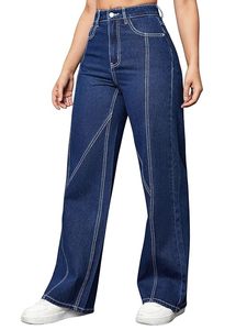 Jean en denim pour femme, coupe droite, couleur unie, en coton, décontracté, délavage foncé, respirant, avec ceinture, style estival - Product Image 4
