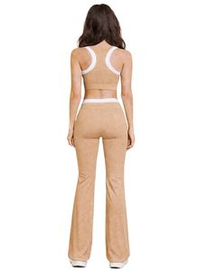 Ensemble de sport personnalisé pour femme : soutien-gorge contrastant beige, blanc et tan, et pantalon évasé taille haute extensible pour yoga, fitness et gym – Vente en gros OEM - Product Image 2