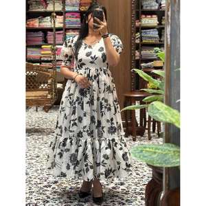 ชุดเดรสแม็กซี่ผ้าฝ้ายพิมพ์ลายดอกไม้สำหรับผู้หญิงแขนสั้นทรงเอไลน์ชุดลำลองฤดูร้อน - Product Image 2