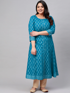 Kurta Anarkali de Algodón Color Verde Azulado, Talla Grande para Mujer, Estampado Floral Dorado, Cuello Redondo, Mangas Tres Cuartos, Ropa Casual para Fiesta - Product Image 2
