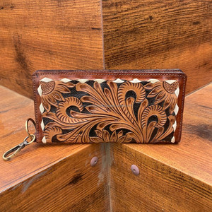 Cartera Roper de cuero genuino personalizable para mujer, cartera larga de chequera de moda de cuero de vaca Floral occidental mecanizada a mano - Product Image 3