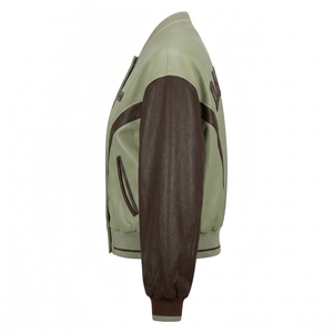 Olive Brown <b>Women</b> Genuine <b>Leather</b> <b>Bomber</b> Varsity <b>Jacket</b> Custom Two Tone Curved Trim Outerwear OEM Factory Service Provider - Product Image 4