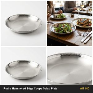 Assiette à salade artisanale durable en acier inoxydable 304, 23 cm, finition satinée brillante, bord martelé Rudra, pour la décoration de la maison et l'utilisation hôtelière - Product Image 6