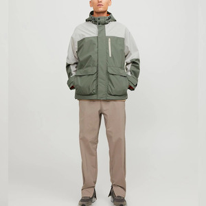 Chaqueta Acolchada Impermeable con Capucha para Hombre, Diseño Color Block, Corte Regular, Verde Gris, Recubrimiento de PU, Estilo Casual para Exteriores, Cierre de Cremallera - Product Image 4