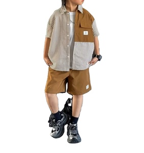 <b>Boys'</b> Summer Casual Cotton Woven Outfit Set Featuring Striped Print Shirt Stylish Brown Color-Block Top Trendy Button-<b>Up</b> Shirt - Product Image 2