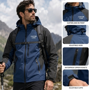 Men's Waterproof Hooded Hiking <b>Jacket</b> Blue With Custom Logo Front Zipper Sporty Autumn Wear Hiking <b>Jacket</b> for men - Product Image 5