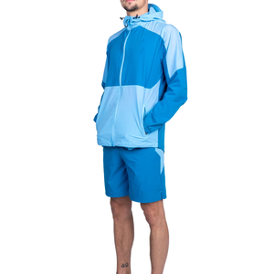 Ensemble de survêtement pour homme avec blocs de couleur, short sportif à capuche entièrement zippé avec poches latérales, en polyester léger, idéal pour l'été - Product Image 1