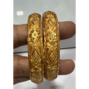 Vintage Floral Carved Gold Plated <b>Bangle</b> Bracelet Pair Heavy Detailed Pattern Metal Craft Jewelry for Women Classic Party Wear - Product Image 2