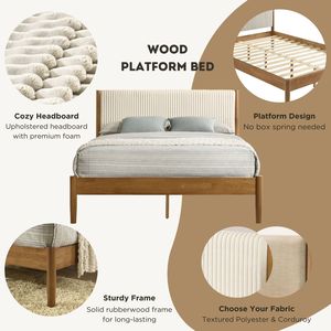 Set Camera da Letto Vichy 2 Pezzi, Letto Queen Size in Legno di Gomma con Piattaforma in Corduroy e Comodino, Arredamento Camera da Letto - Product Image 6