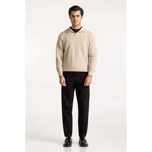 <b>Beige</b> Knitted Pullover Sweater Full Sleeve Solid Color Autumn Wear Regular Fit Single Button Closure - Product Image 3