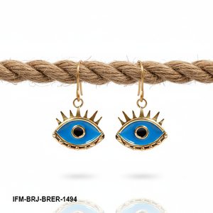 Boucles d'oreilles tendance faites à la main en laiton en forme d'œil, émail bleu marin, talisman œil porte-bonheur, crochets sans plomb, bijoux artisanaux - Product Image 2