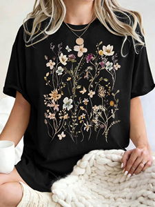 เสื้อยืดผู้หญิงพิมพ์ลายดอกไม้สวยงาม เสื้อยืดโอเวอร์ไซส์แขนสั้น คอกลม ผ้าฝ้าย เสื้อยืดแขนสั้นลำลองเรียบง่าย - Product Image 1