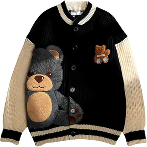 <b>Women's</b> <b>Black</b> Knit <b>Cardigan</b> With Bear Applique Cartoon Pattern Full Sleeve Casual Autumn Wear 100% Acrylic Button Up Collar - Product Image 1