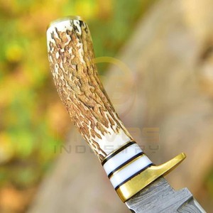 Cuchillo de caza hecho a mano de acero de Damasco con mango de cuerno de ciervo natural |   Cuchillo de hoja fija Full Tang con funda de cuero - Product Image 5