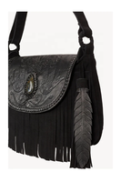 Sac bandoulière XL en cuir véritable de créateur, style bohème, avec poignée, nouveau, peint à la main, motif uni, à rabat, plumes