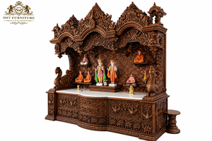Grand Hand-Carved Wooden Temple for Home Big Size Teak Wood Peacock Carving Pooja Mandirs Customized Large Pooja Units for Sale - Product Image 2