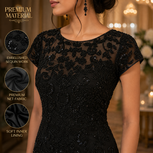 Vestido de noche de sirena negro de lujo con cuentas hechas a mano |   Vestido de Fiesta Formal para Mujer, Premium, con Lentejuelas Bordadas, Cuello Corazón, Transpirable - Product Image 4