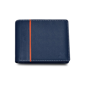 Portefeuille homme 2026 en cuir véritable, fin, à double pli, anti-RFID, imperméable, bleu foncé à rayures orange, design minimaliste, fermeture ouverte - Product Image 1