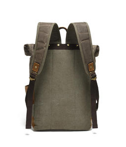 Grey Khaki Waxed Canvas <b>Backpack</b> Genuine Leather Straps Vintage Travel Daypack - Product Image 3