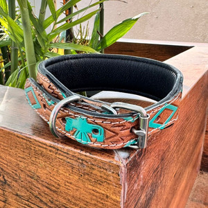 Hand Tooled Leather Dog Collar Turquoise Eagle Tooling Genuine Cow Leather Small Medium Large Durable Comfortable Dog Collars - Product Image 2
