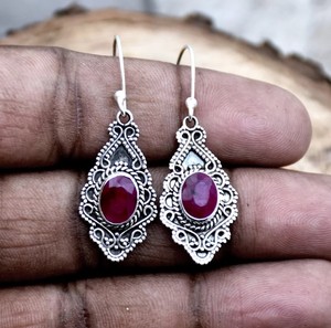 Boucles d'oreilles en rubis naturel, argent sterling 925, faites à la main, pierres précieuses en rubis rouge, boucles d'oreilles pendantes, bijoux vintage bohèmes - Product Image 6