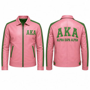 Chaqueta Bomber de Cuero PU Bordada Alpha Kappa Alpha AKA, Verde y Rosa, Estilo Moto, Cierre de Cremallera, Unisex, para Otoño - Product Image 4