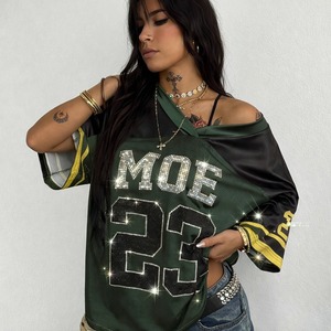 Maillot de football américain tendance Y2K en maille ornée de strass, coupe épaules tombantes, imprimé numéro, style streetwear scintillant – Fournisseur - Product Image 2