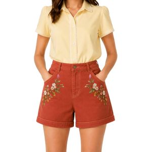 Custom Rust Red Floral Embroidered <b>Women</b> High Waist Denim Shorts Casual Summer Cotton Stretch <b>Jean</b> Shorts Custom Logo Apparel - Product Image 1