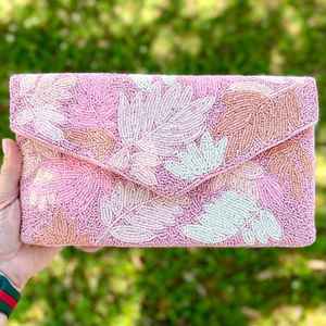 AL MAL IK CRAFT Handmade Beaded Floral <b>Clutch</b> <b>Pink</b> Customized Shape Cotton Embroidery Craft Party Handbag - Product Image 1