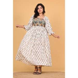 Vestido Largo Maxi de Algodón para Mujer, Estampado a Mano, Diseño Indio, para Fiestas, Ecológico, Estilo Boho, Floral, para Verano y Otoño - Product Image 1