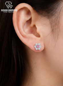 Elegant flower shaped <b>stud</b> earrings pink round center stone surrounded by brilliant lab grown diamonds secure screw back closure - Product Image 6