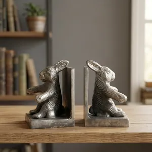 Sujetalibros de Conejo Plateados Antiguos, Juego de 2 Esculturas de Animales de Aluminio, Soportes Decorativos de Metal para Libros con Acabado Texturizado - Product Image 4