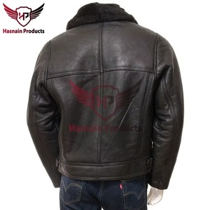 <b>Mens</b> Real Black Leather <b>Jacket</b> Fur Collar B3 Bomber Aviator <b>Shearling</b> Flight Coat Custom Classic Winter Warm Outwear Fashion New - Product Image 5