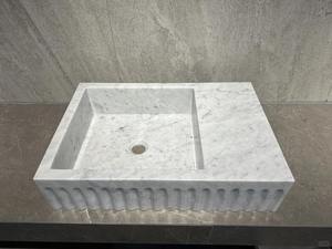 Best Quality Luxury Natural Carrara White Marble Wash <b>Basin</b> with Groove Design Durable & Eco-Friendly for Indoor Bathrooms - Product Image 2