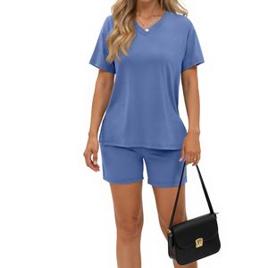 Conjunto Casual de Dos Piezas para Mujer, Verano, Cuello en V, Camiseta de Manga Corta y Pantalones Cortos, Ropa de Salón, Conjunto Combinado, Venta al Por Mayor, OEM - Product Image 5