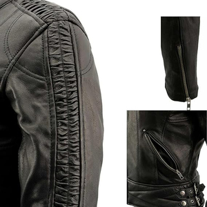 SAMROZ SPORTS Women's Black Leather Lightweight Crinkled Arm Lightweight Racer Jacket - Product Image 3
