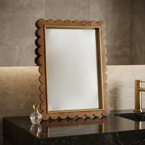 Scalloped Wooden Framed <b>Mirror</b> Mid Century Modern <b>Wall</b> Decor <b>Rectangle</b> Shape Home Use - Product Image 4