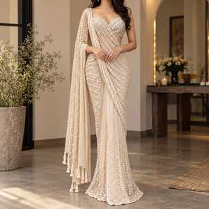 Nouvelle collection de saris de créateurs Vision, brodés, pour occasions spéciales, élégants, en georgette et chiffon, drapés, longueur ras du sol, traditionnels indiens - Product Image 2